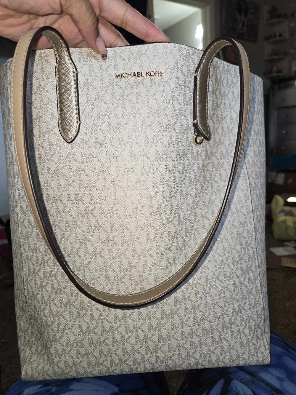 Michael Kors Beige Logo Print Tote with Gold Hardware